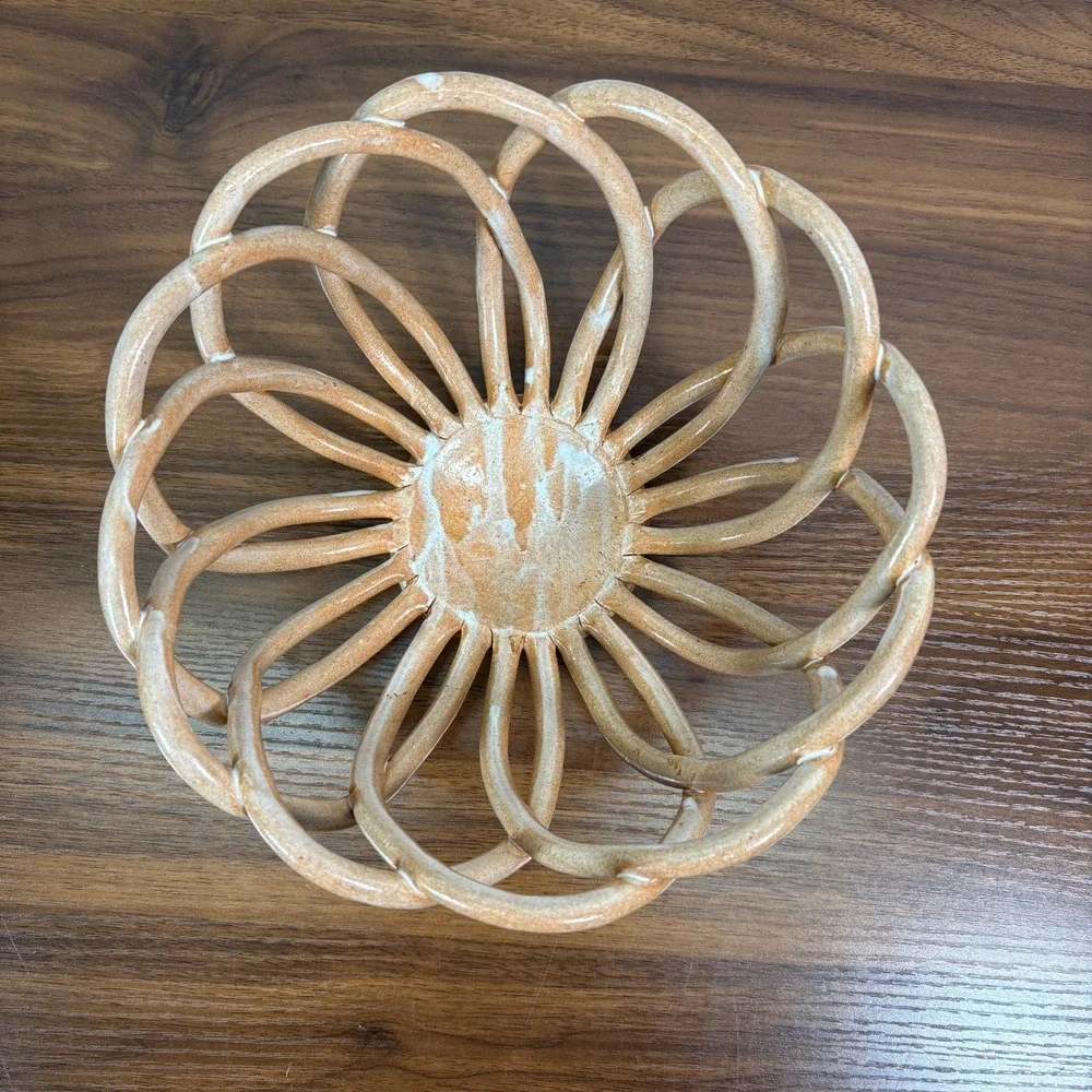 Vintage Eucalyptus Stoneware glazed peach-colored woven Bread Basket signed